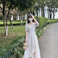 GOCHIEI夏季新款女裝不規(guī)則裙擺碎花連衣裙中長款法式溫柔風(fēng)收腰甜美裙子 藍(lán)色 S