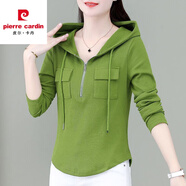 皮爾卡丹新款衛衣女連帽修身長(cháng)袖T恤2025秋冬新款韓版顯瘦時(shí)尚減齡打底衫 綠色  2XL 建議130-145斤