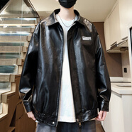 QGF皮衣外套男士春秋薄款新潮牌美式復(fù)古翻領(lǐng)機(jī)車上衣寬松高街夾克衫 DSA266-PY006黑色 XL 【建議130-145斤】