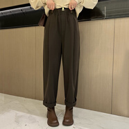 皮爾卡丹大碼褲子女2025高腰垂感加厚毛呢哈倫褲胖mm寬松顯瘦蘿卜休閑褲女 咖色 加絨 m碼（建議80-100斤）