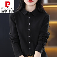 皮爾卡丹（pierre cardin）加厚純色磨毛襯衣女秋冬polo領(lǐng)寬松顯瘦上衣時(shí)尚職業(yè)內搭疊穿襯衫 黑色 XL