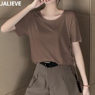 嘉麗薇t恤女夏季新款外穿冰絲打底寬松百搭簡(jiǎn)約休閑韓版莫代爾短袖上衣 咖啡色【圓領(lǐng)】 L