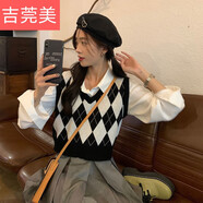 吉莞美新款春秋季外搭v領(lǐng)網(wǎng)紅韓版疊穿短款毛衣背心針織馬甲馬夾女 黑色馬甲 M【70-120斤可穿】