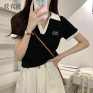 莜衣漫復古polo領(lǐng)短袖T恤女秋季新款韓版設計感正肩顯瘦獨特小上衣 黑色_好質(zhì)量不起球 XL _116-130斤