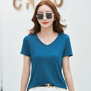 谷卓詩(shī)V領(lǐng)短袖T恤女2025夏季新款雞心領(lǐng)純色顯瘦洋氣寬松小衫體恤上衣 417藍色  短袖款 XL