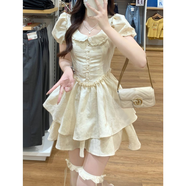 與欣學(xué)院風連衣裙子女2024新款法式短款泡泡袖仙女蓬蓬裙夏季A字裙 杏色 均碼（可備注碼數(shù)）