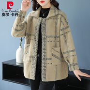 皮爾卡丹秋冬新款水貂絨外套女中長(cháng)款開(kāi)衫加厚媽m媽格子雙面絨毛呢大衣 駝色 M (建議88-108斤)