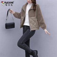 啄木鳥(niǎo)皮毛一體羊羔毛棉服女短款2025秋冬裝新款棉衣韓版寬松小棉襖外套 咖啡色 XL