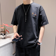 芊旻短袖t恤男夏季新款2024設(shè)計(jì)感潮男短袖上衣T恤時(shí)尚百搭上衣服 黑色 L