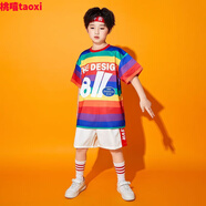 運(yùn)動(dòng)會(huì)開幕式服裝兒童運(yùn)動(dòng)會(huì)服裝兒童啦啦隊(duì)演出服六一啦啦操服裝小學(xué)生運(yùn)動(dòng)會(huì)開幕式拉拉隊(duì)表演服 男彩虹短袖+拼接短袖+發(fā)帶+筒襪 170