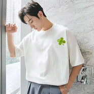 戎諾短袖T恤男士新款夏季潮牌ins寬松刺繡學(xué)生上衣服港風(fēng)情侶休閑半袖 白色-【四葉草】 S 建議60-80斤