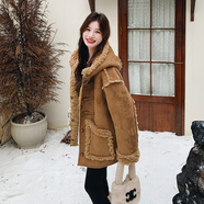 MODX香港女裝連帽羊羔毛拼接皮毛一體外套女2024年冬季新款加厚麂皮絨 圖片色 升級版 加厚 M (125斤內)