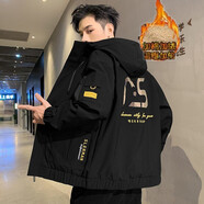 謙陌 大碼夾克男胖子工裝外套男寬松加肥加大號潮流潮青少年夾克衫男大學(xué)生連帽上衣服300斤穿肥佬男裝 黑色（加絨加厚款） 6XL（210-230斤）