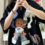 爍穗重磅新款潮牌青春潮流上衣T恤女ins100%重磅克純棉短袖情侶男女 A2-27-愛心女孩短袖-黑 M