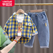【三件套】樂芭鼠童裝嬰幼兒套裝春秋男寶寶套裝帥氣時尚休閑襯衣褲子兒童衣服秋季男女童可愛洋氣 黃色（襯衫三件套） 90碼建議1-2歲(身高80-90cm)