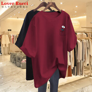 LOVER RUCCI歐貨大版純棉中長款短袖T恤女2025夏季新款寬松上衣女半袖體恤潮 酒紅【一朵花LOVE】 XL 建議155-180斤