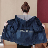 加絨加厚連帽牛仔短外套女秋裝新款韓版時(shí)尚刺繡寬松保暖棉服 3005#常規藍色 【無(wú)毛領(lǐng)】 XL 建議120-130斤