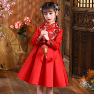 三象鯊S(chǎng)XS女童漢服連衣裙秋冬中國民族風(fēng)冬季唐裝禮服表演服紅色拜年服 紅色加絨 140cm