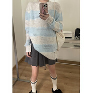 索菲堡慵懶風(fēng)鏤空藍(lán)色條紋毛衣女秋季2023新款寬松薄款中長款針織衫上衣 藍(lán)米條紋 均碼