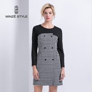 名師路長(cháng)袖格子連衣裙女冬季新款ol圓領(lǐng)中腰千鳥(niǎo)格拼接修身百搭女裙子 灰色千鳥(niǎo)格83 M