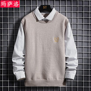 瑪薩洛秋冬季帶領(lǐng)子韓版潮流保暖假兩件男士毛衣加絨加厚線(xiàn)衣針織打底衫 米色 M