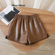 Mirza Mirror 皮短褲女春秋款新款松緊靴褲高腰顯瘦寬松闊腿褲黑色外穿皮褲 卡其色 XL