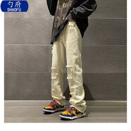 勺府hiphop炸街褲子高街美式vibe高級感毛邊假破洞貼布牛仔褲寬松直筒 白色 S