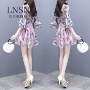 LNSN 輕奢潮牌2024年新款女連衣裙氣質(zhì)顯瘦時(shí)尚小個(gè)子碎花雪紡連衣裙 淡紫花 L