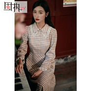 固執(zhí)（OBSTINATE）【特價】優(yōu)雅連衣裙女裝秋季新款百搭收腰顯瘦長袖格子A字裙 咖啡格子 M