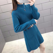 加絨/加絨韓版寬松外穿中長款毛衣女收腰顯瘦秋冬打底毛衣潮 孔雀藍(lán) 【送腰帶】 L 建議105-115斤