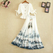 UKCF法式復古印花半身裙時(shí)尚套裝2023夏季新款顯瘦減齡洋氣兩件套裙子 上衣+半身裙 L