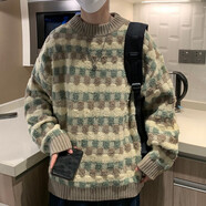 趣米樂(lè )圓領(lǐng)毛衣男秋冬季潮流復古百搭保暖打底針織衫韓版寬松拼色外套 綠色 M