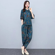 葉紫楓（YEZIFENG）休閑套裝女2025夏季新款女裝洋氣減齡寬松顯瘦遮肚時(shí)尚女士休閑褲 藍(lán)色 XL