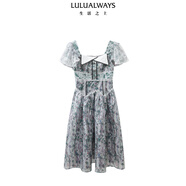 LULUALWAYS夏季新款甜美鹽系短袖收腰拼接網(wǎng)紗連衣裙 綠色 S