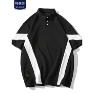 軒森圖（XUANSENTU）微胖男生夏季顯瘦穿搭短袖T恤男韓版寬松拼接V字半袖體恤套裝搭 黑色T恤 XL (175) （140-160斤）