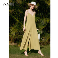 AMII2025夏新款法式度假風(fēng)V領(lǐng)吊帶橡筋綁帶連體褲女休閑黑色褲子 橄欖綠 160/68A/M