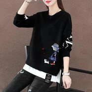 玖卡依衛(wèi)衣女中長(zhǎng)款假兩件2025春秋裝新款韓版寬松薄款長(zhǎng)袖上衣外套潮 黑色女孩 XL 建議115-130斤