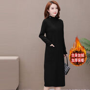 tzbt加絨加厚針織連衣女秋冬季中長(cháng)款過(guò)膝配大衣的毛衣子內搭打底 加絨黑色 4XL 155到175斤