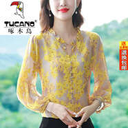 啄木鳥品牌女裝2025襯衫女長袖寬松裝遮肚子減齡碎花雪紡衫小衫上衣 黃色 3XL 【建議131-140斤】