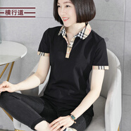 橫行道翻領(lǐng)格子短袖拼接格2024新款夏裝寬松純色娃娃領(lǐng)外穿短袖女衣 黑色 XL