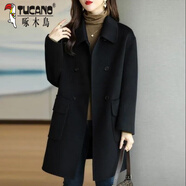 啄木鳥(niǎo)大碼中長(cháng)款紅色雙面毛呢外套女2024秋冬新款加厚媽媽呢子大衣冬款 YX2143黑色 M