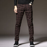 HKSH加絨青年男士花格子嘻哈風(fēng)褲男直筒寬松英倫彈力秋季長(cháng)褲子男 酒紅色 709 28 腰圍2尺1
