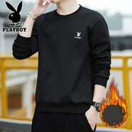花花公子（PLAYBOY）長(cháng)袖t恤男士春秋季新款潮流圓領(lǐng)寬松百搭衛衣男簡(jiǎn)約上衣打底衫男 黑色加絨 Q-SYHH8722WY L 170