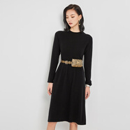 金菊【豎坑條】100%綿羊毛秋冬新款半高領(lǐng)A字針織毛衣連衣裙 黑色 M