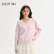 詩凡黎（'SEIFINI）詩凡黎法式蕾絲拼接V領(lǐng)軟糯毛衣2025春新款打底寬松內(nèi)搭套頭衫女 粉色 M