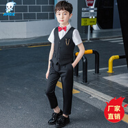 閃閃藍(lán)寶 新款兒童西裝花童禮服男童西服套裝男小西裝主持人服裝演出服正裝鋼琴小孩表演服 黑色馬甲長褲四件套（馬甲+襯衫+長褲+領(lǐng)結(jié)） 150cm建議體重58-68斤