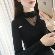 月袖（YUEXIU）上衣女2023年新款秋冬季修身半高領蕾絲洋氣毛衣長袖針織打底衫潮 黑色【收藏商品優(yōu)先發(fā)貨】 2XL 建議130-140斤