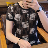 金盾夏季冰絲短袖t恤男新款大碼透氣鏤空半袖T恤圓領(lǐng)網(wǎng)眼透明上衣汗衫 白方塊 M