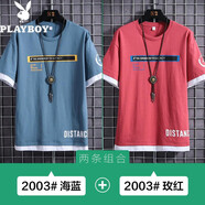花花公子【純棉兩件套】t恤男2021夏季新款潮流時(shí)尚簡(jiǎn)約百搭圓領(lǐng)套頭五分袖短袖日常先修上衣服男裝 海藍(lán)+玫紅 M