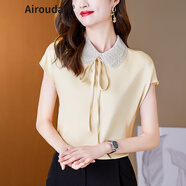 艾柔丹夏季新款女裝短袖T恤女純色簡(jiǎn)約氣質(zhì)優(yōu)雅顯瘦翻領(lǐng)涼感女士上衣服 杏色 M
